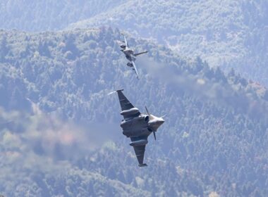 French Air Force Dassault Rafale fighter jets flying in the Western Peloponnese region