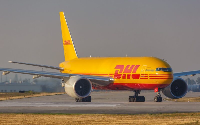 DHL Boeing 777F airplane at Leipzig Halle LEJ Airpor