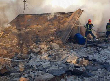 Ukrainian firefighters extinguishing a fire