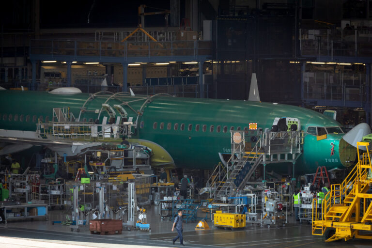 Partially built Boeing 737 MAX airliner inside the Renton factory