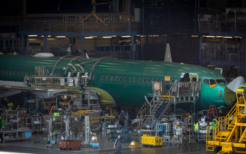 Partially built Boeing 737 MAX airliner inside the Renton factory