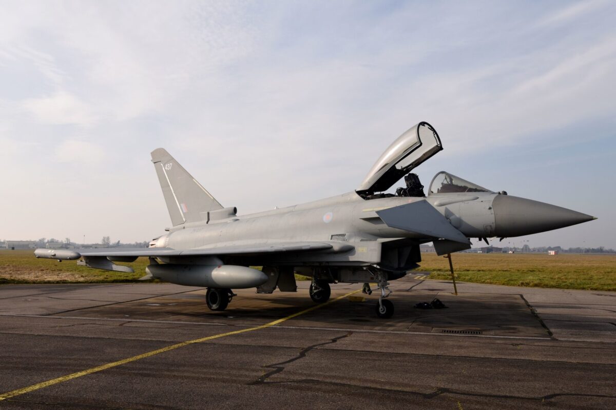 A Royal Air Force Eurofighter Typhoon aircraft from RAF Coningsby stop by RAF Mildenhall