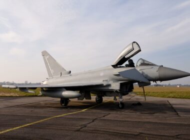 A Royal Air Force Eurofighter Typhoon aircraft from RAF Coningsby stop by RAF Mildenhall