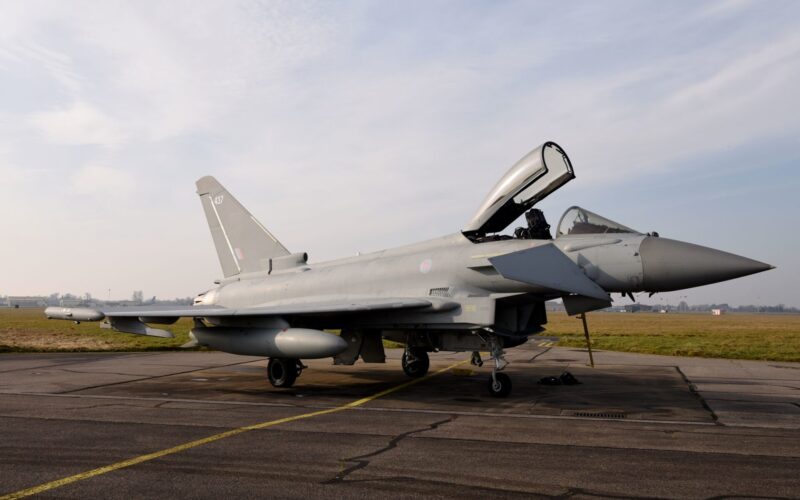 A Royal Air Force Eurofighter Typhoon aircraft from RAF Coningsby stop by RAF Mildenhall