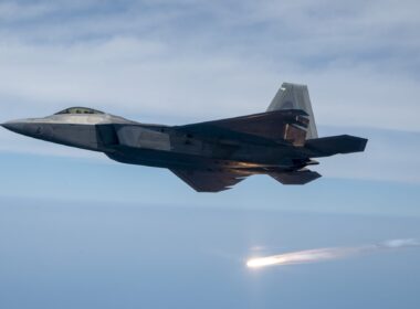 A U.S. Air Force F-22 Raptor dropping a flare