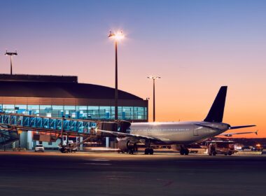 Airport at the colorful sunset