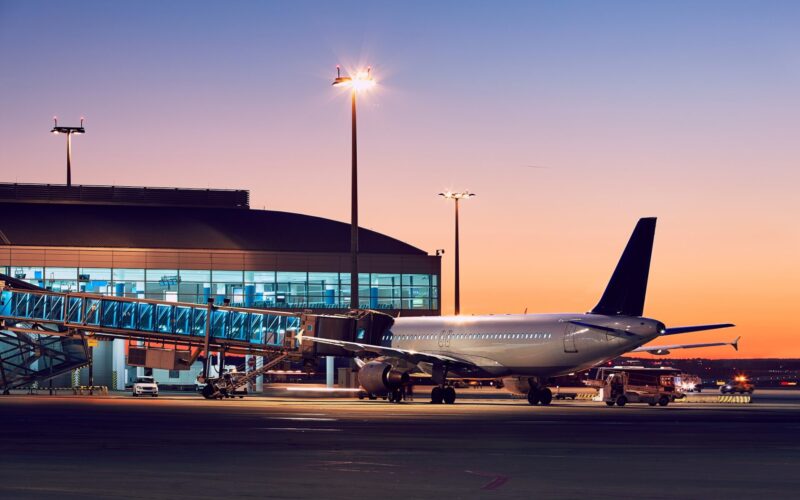 Airport at the colorful sunset