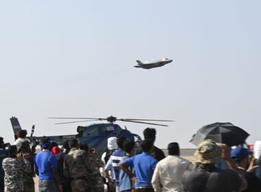 A U.S. Air Force F-35 Lightning II performs a hi-speed pass during the Aero India 2025 air show