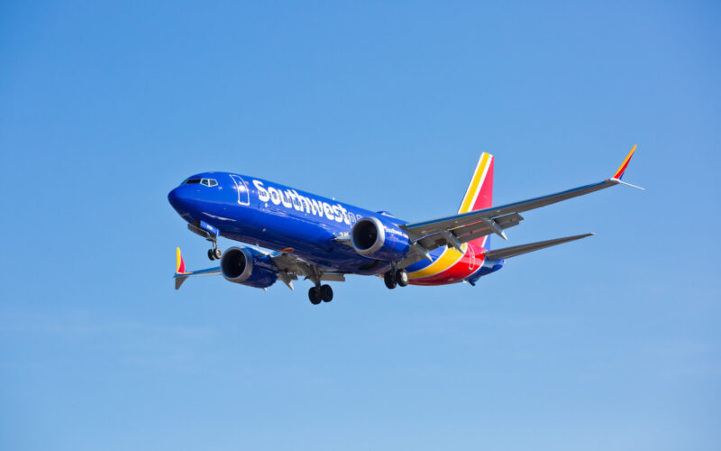 Southwest Airlines 737-800 Max aircraft on final approach at Midway Airport