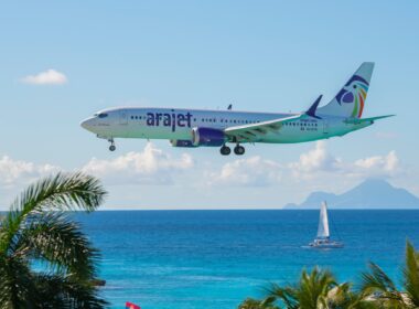 Arajet Boeing 737 Max 8 flying over Maho Beach