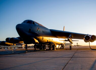 A B-52H Stratofortress bomber armed with an ARRW missile