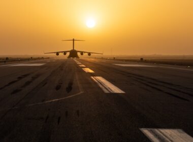 A C-17 Globemaster III cargo aircraft taxis after landing at Air Base 201