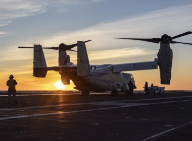 A CMV-22B Osprey on the flight deck of USS Abraham Lincoln