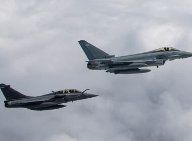 A Eurofighter Typhoon and a Dassault Rafale flying in formation