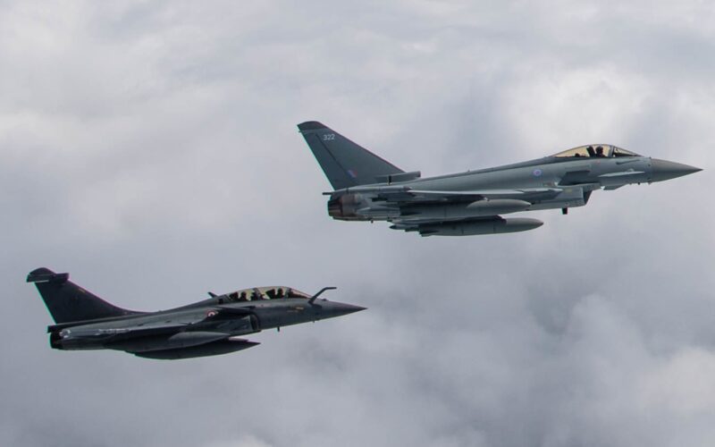 A Eurofighter Typhoon and a Dassault Rafale flying in formation