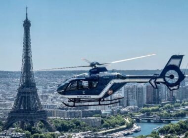 A Gendarmerie H145 helicopter near the Eiffel Tower