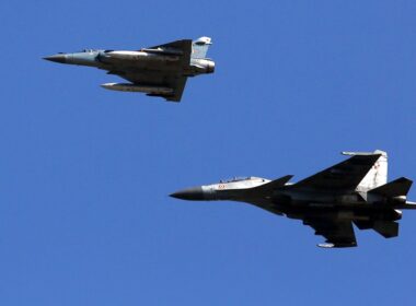 A Mirage 2000 and a Su-30MKI flying in formation