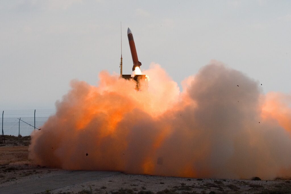 A Patriot air defense system firing one missile