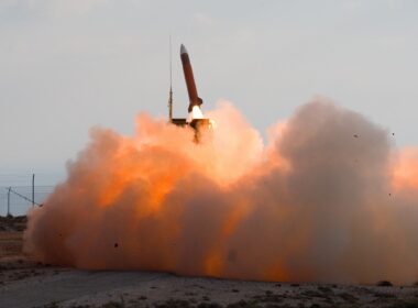 A Patriot air defense system firing one missile