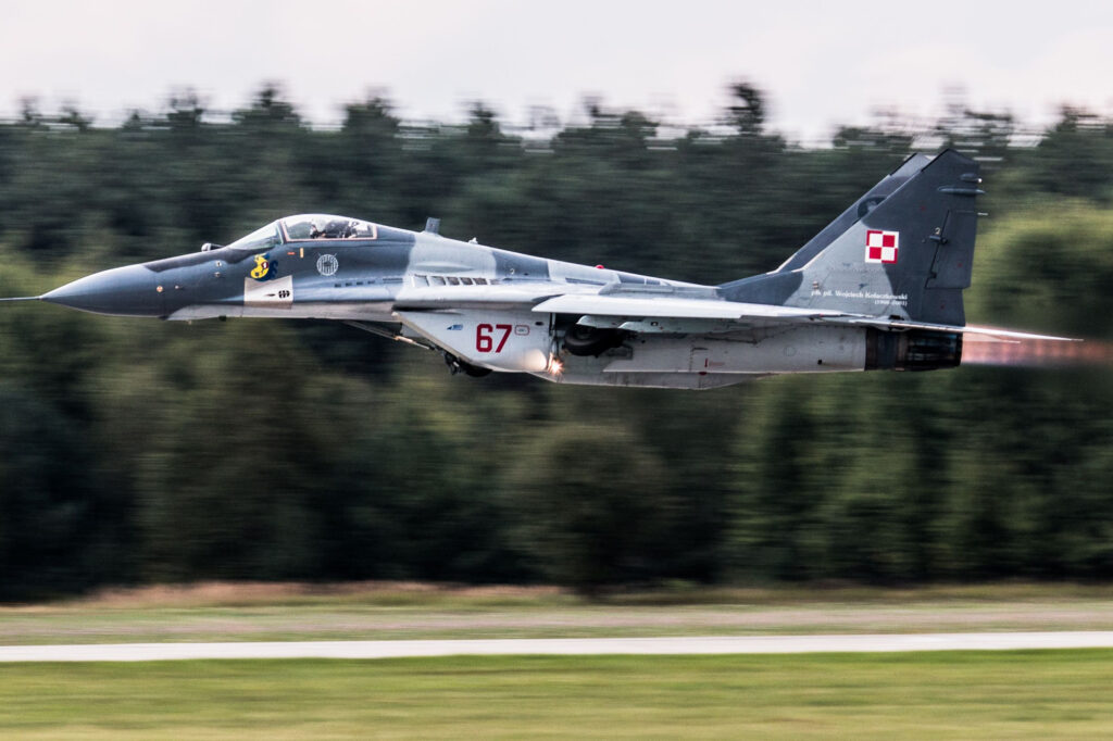 A Polish MiG-29 fighter jet flying low