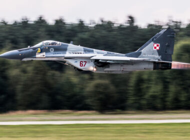 A Polish MiG-29 fighter jet flying low