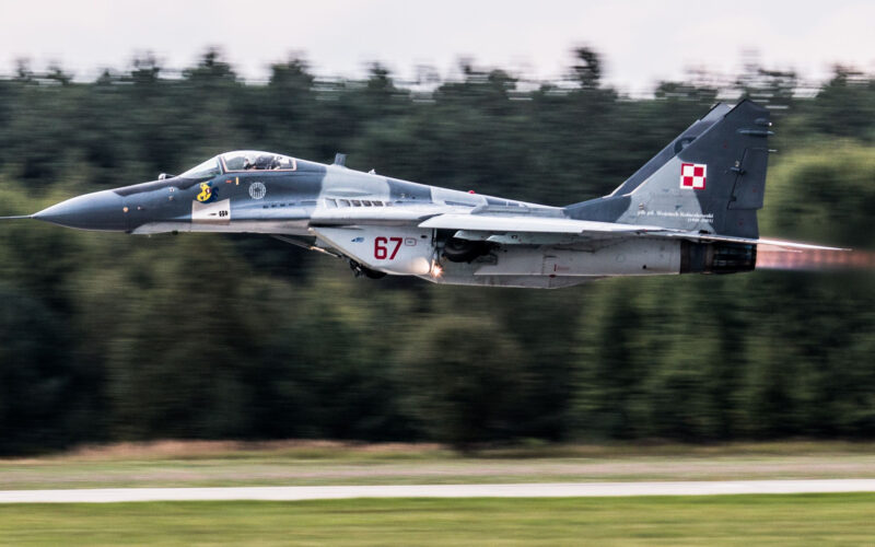 A Polish MiG-29 fighter jet flying low