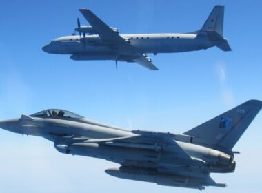 A RAF Typhoon fighter intercepting a Russian Air Force Il-20