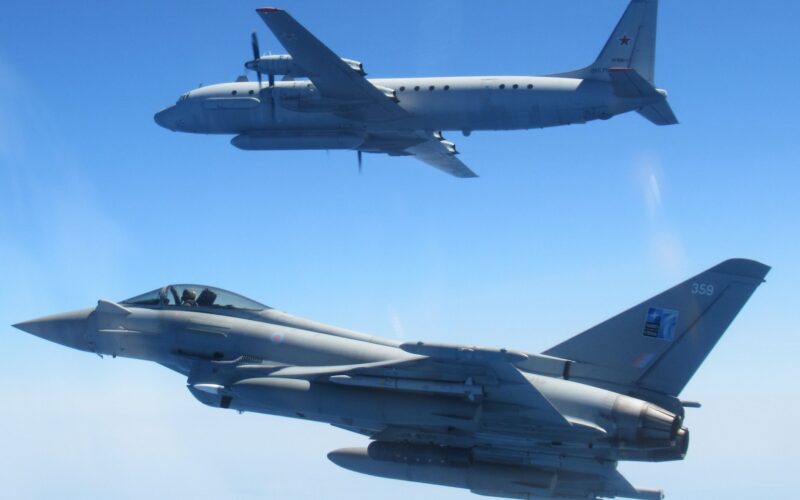 A RAF Typhoon fighter intercepting a Russian Air Force Il-20