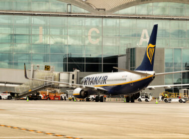 A Ryanair Boeing 737 being refueled in Spain