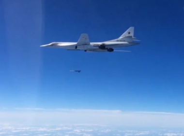 A Tu-160 strategic bomber firing a cruise missile