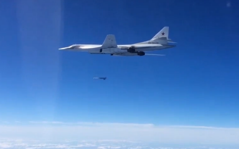 A Tu-160 strategic bomber firing a cruise missile