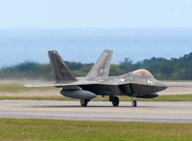 A U.S. Air Force F-22A Raptor fighter at Kadena Air Base