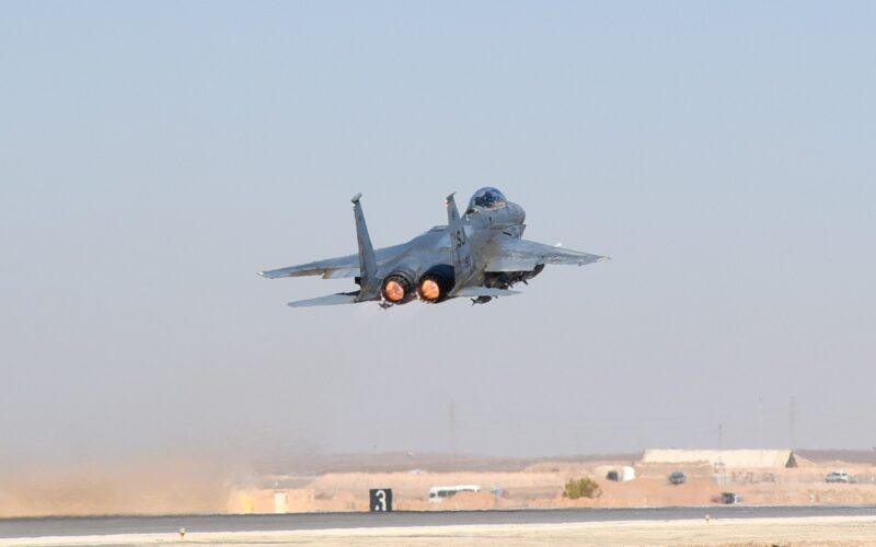 A USAF F-15 Strike Eagle fighter taking off