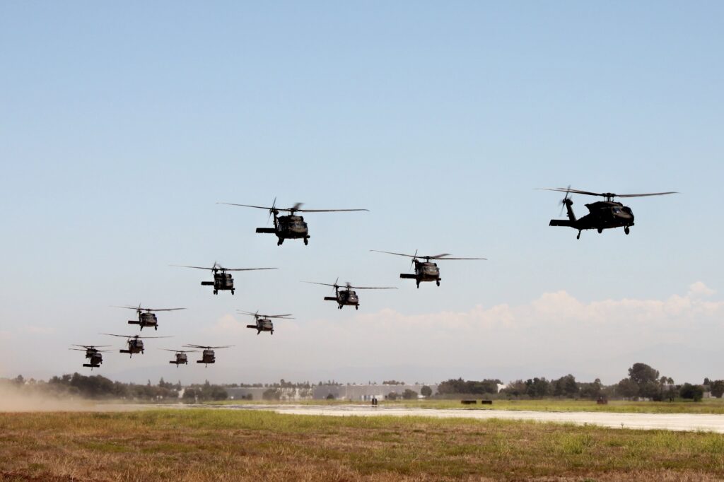 A formation of UH-60 Black Hawk helicopters