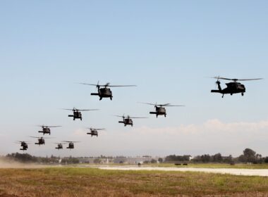 A formation of UH-60 Black Hawk helicopters