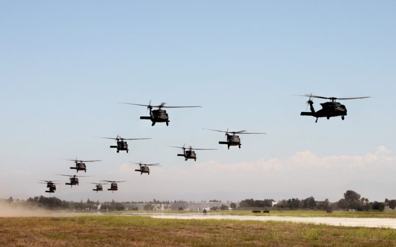 A formation of UH-60 Black Hawk helicopters