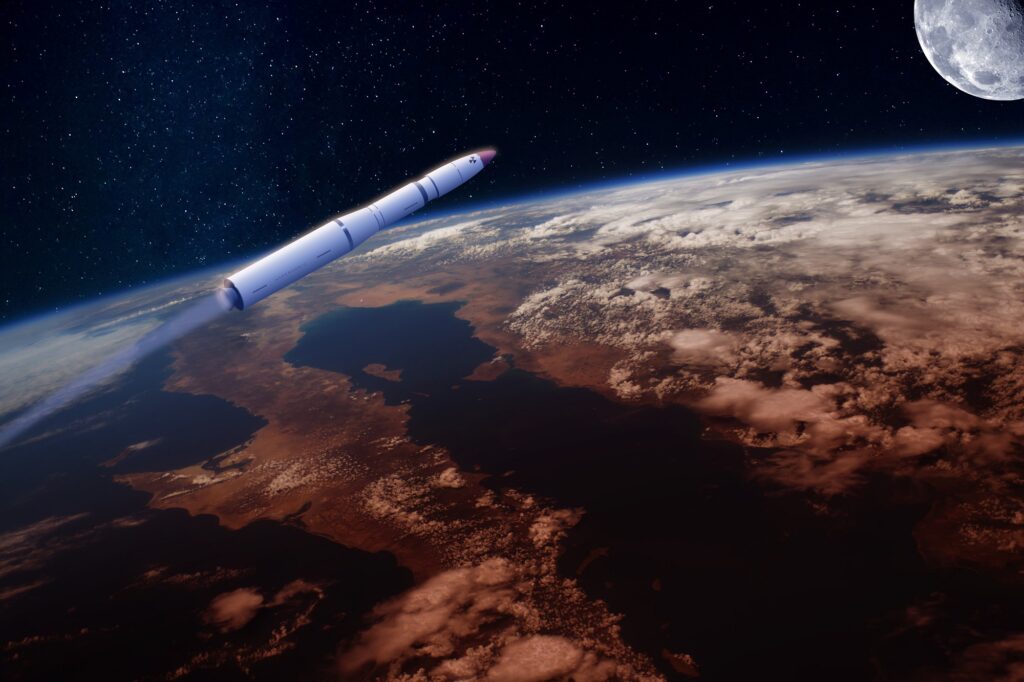 A military rocket flying in orbit