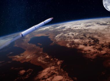 A military rocket flying in orbit