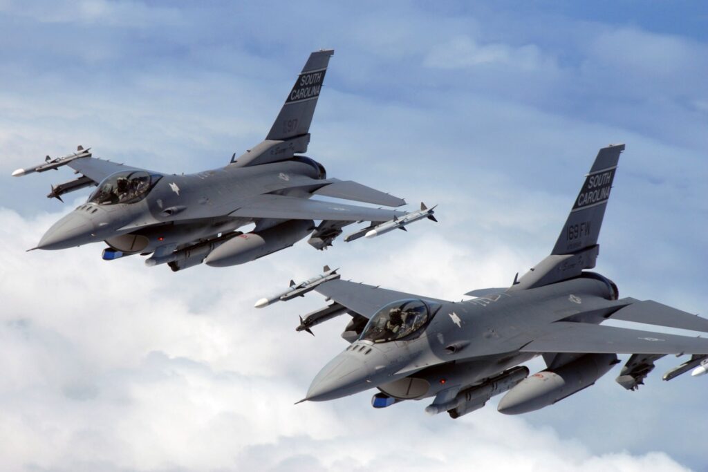 A pair of general Dynamics F 16 Fighting Falcon jets of USAF 169th Fighter Wing