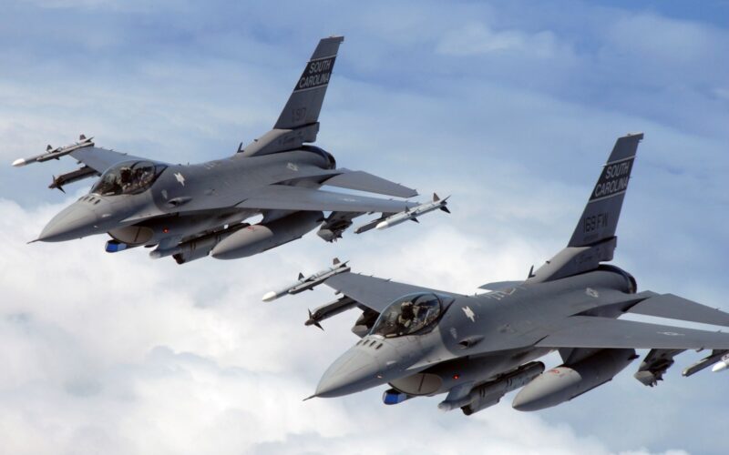 A pair of general Dynamics F 16 Fighting Falcon jets of USAF 169th Fighter Wing