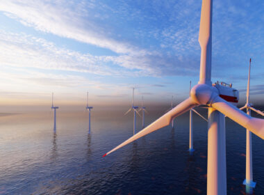 A wind farm at sunset