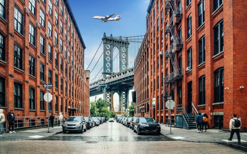 Dumbo district view in Brooklyn with Manhattan Bridge and New York City in the background