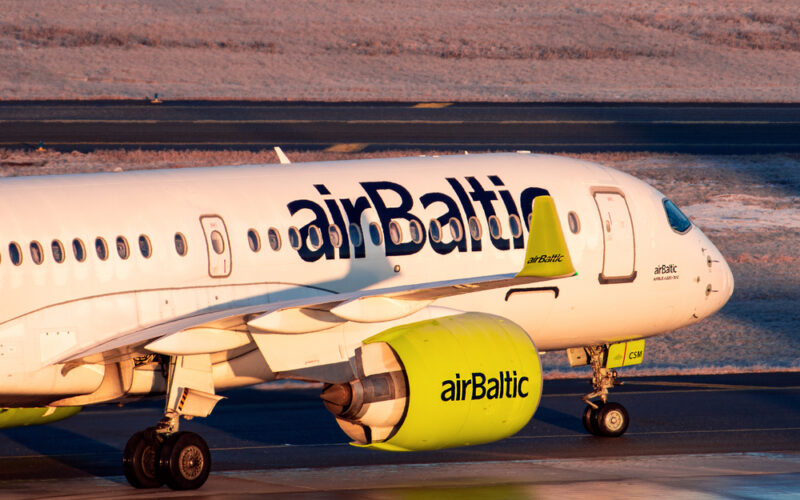 Riga,,Latvia,-,March,02,,2020:,Airbaltic,Airbus,A220,Taxi