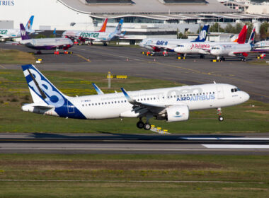 New passenger aircraft Airbus A320neo is landing after the test flight.