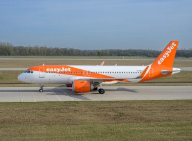 easyJet Airbus A320-251N with the aircraft registration G-UZLL is taxiing for take off on the northern runway 08L of Munich Airport MUC EDDM