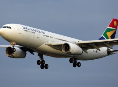 Airbus A330-343 ZK-SXU of South African Airways landing at Heathrow international airport