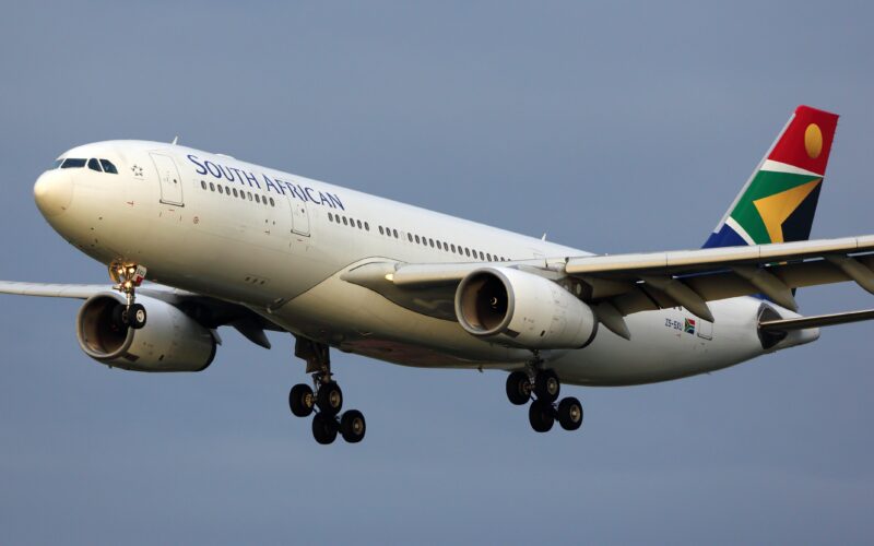 Airbus A330 343 ZK SXU of South African Airways landing at Heathrow international airport