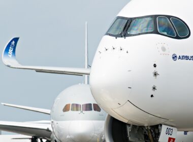 Airbus A350 XWB prototype 003 with Boeing 787 Dreamliner in the background at Singapore Airshow