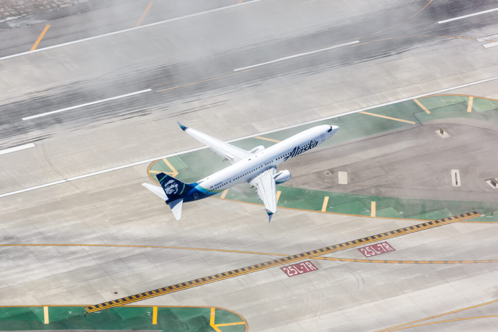 Alaska Airlines Boeing 737 900ER airplane at Los Angeles International Airport