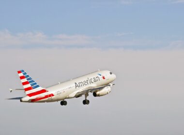 American Airlines Airbus 319-132 commercial jet departs from John Wayne International Airport in Santa Ana, California